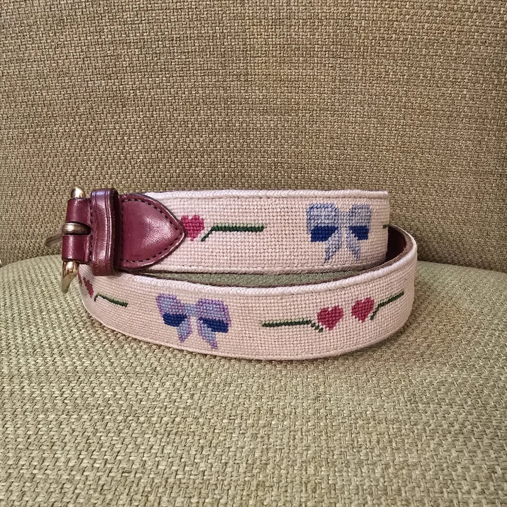 Vintage Bows & Hearts Handmade Needlepoint Leather Belt